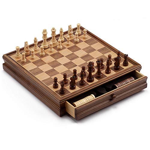 15-Inches Large Wooden Chess and Checkers Board Game Combo Set with Storage Drawer 