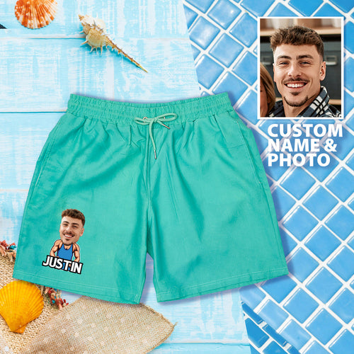 Personalized Beach Shorts Custom Funny Green to Blue Gradient Swimming Trunks with Face And Name