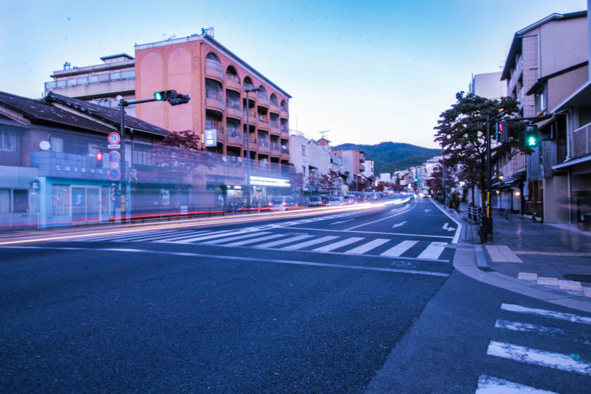 Evening traffic along the Sanjo-dori in Kyoto, Japan.