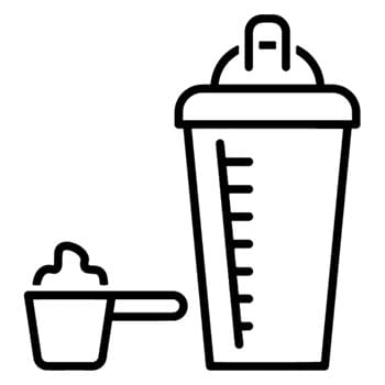 Protein powder in a scoop with shaker