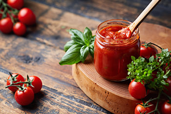 Das Bild zeigt ein Glas Tomatensauce als Idee fürs Kochen mit Proteinpulver.