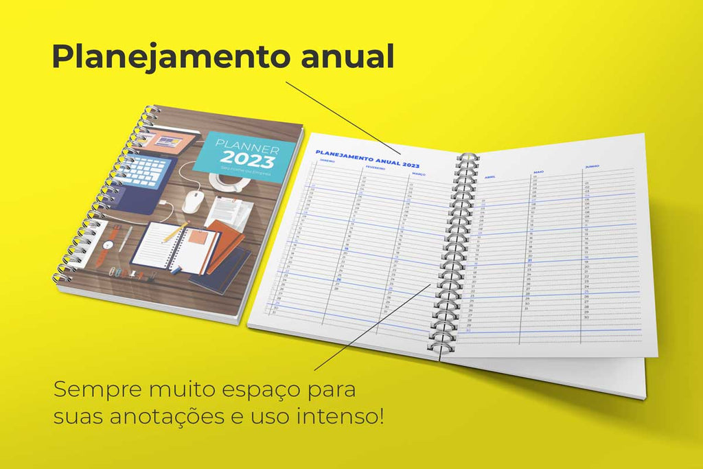 Novo Planner semanal 2023 tamanho A4, com 52 semanas do ano em folhas duplas, mais de 120 páginas impressas em processo sustentável e acabamento em espiral metálico wire-o  para maior conforto e durabilidade, totalmente personalizáve