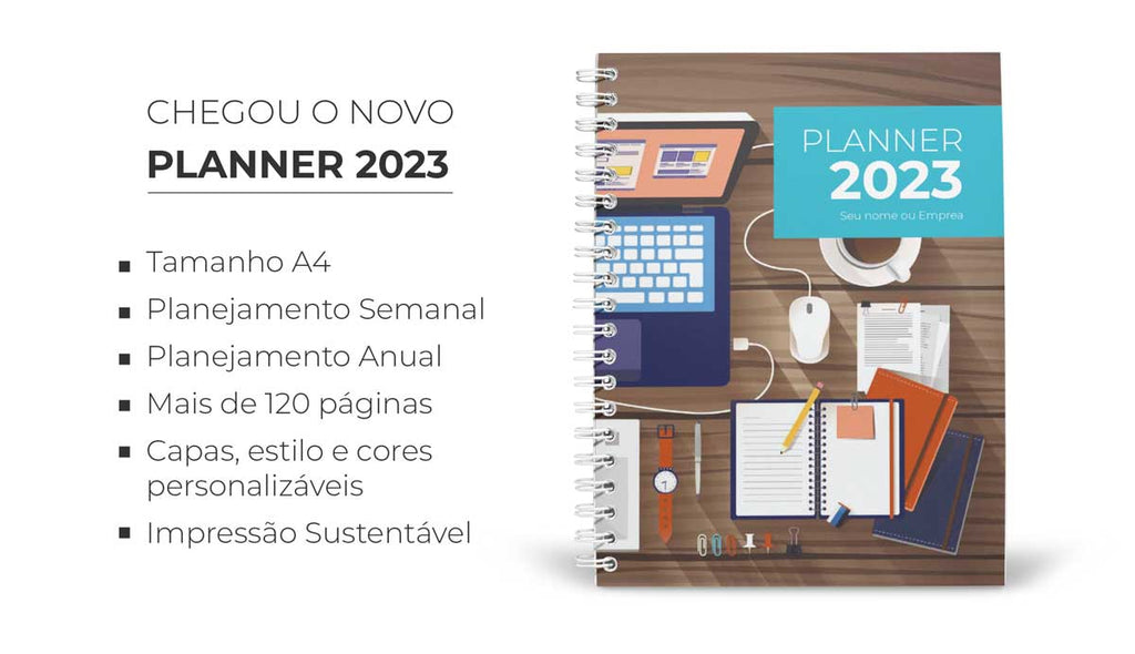 Novo Planner semanal 2023 tamanho A4, com 52 semanas do ano em folhas duplas, mais de 120 páginas impressas em processo sustentável e acabamento em espiral metálico wire-o  para maior conforto e durabilidade, totalmente personalizável