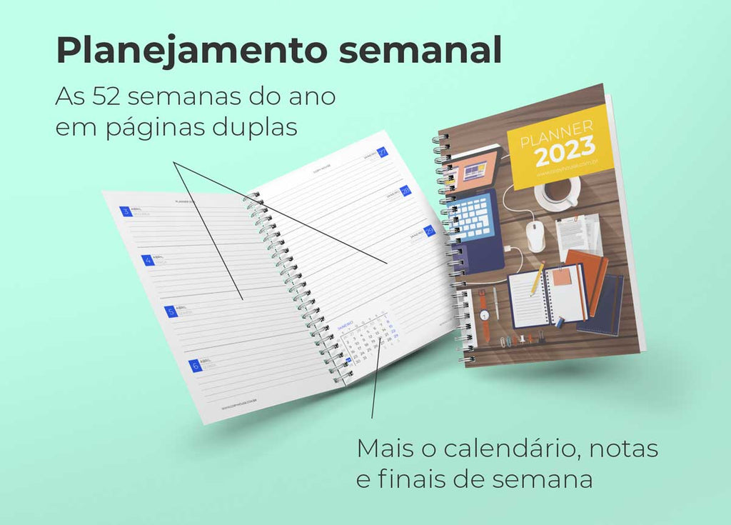 Novo Planner semanal 2023 tamanho A4, com 52 semanas do ano em folhas duplas, mais de 120 páginas impressas em processo sustentável e acabamento em espiral metálico wire-o  para maior conforto e durabilidade, totalmente personalizáve