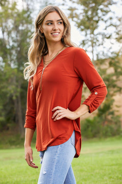 Zenana Spiced Cider Full Size ITY Knit Quarter-Zip Three-Quarter Sleeve Top