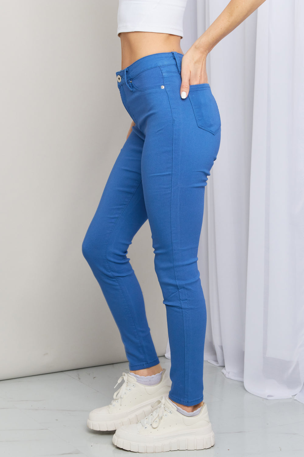YMI Jeanswear Kate Hyper-Stretch Full Size Mid-Rise Skinny Jeans in Electric Blue - Cheeky Chic Boutique