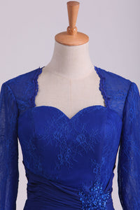 2022 Mother Of The Bride Dresses Long Sleeves Chiffon With Applique Open Back Dark Royal Blue