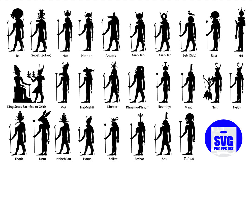 Egyptian Gods silhouette, ankhs, anubis, deity, ra, unut, maat, isis