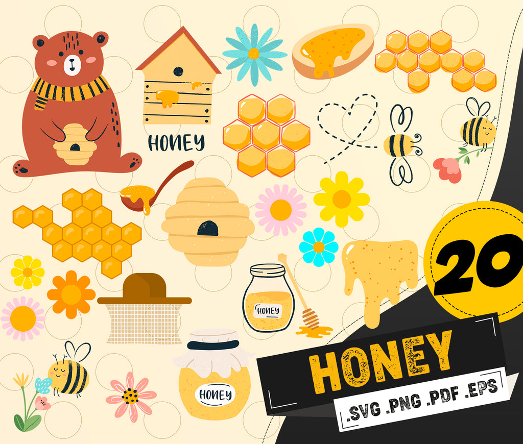 Download Honey Svg Honey Svg Printable Design Vector Bee Set Honeycomb Silho Clipartic