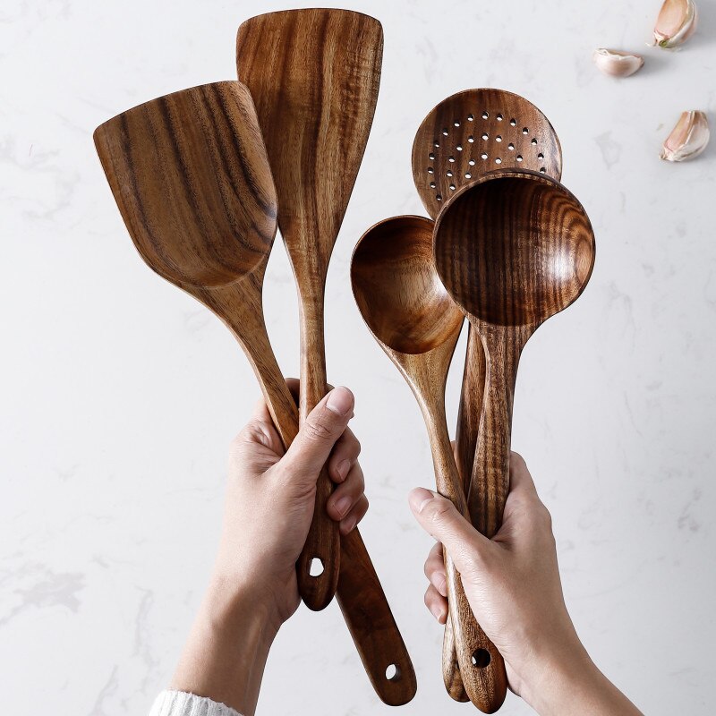 Rustic 7 Pieces Teak Wooden Utensil Set