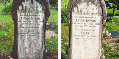 Before and After Photos of a treated grave stone
