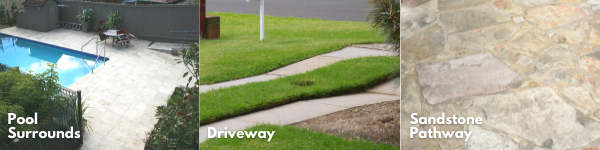 Image of a clean pool area, driveway and sandstone path.