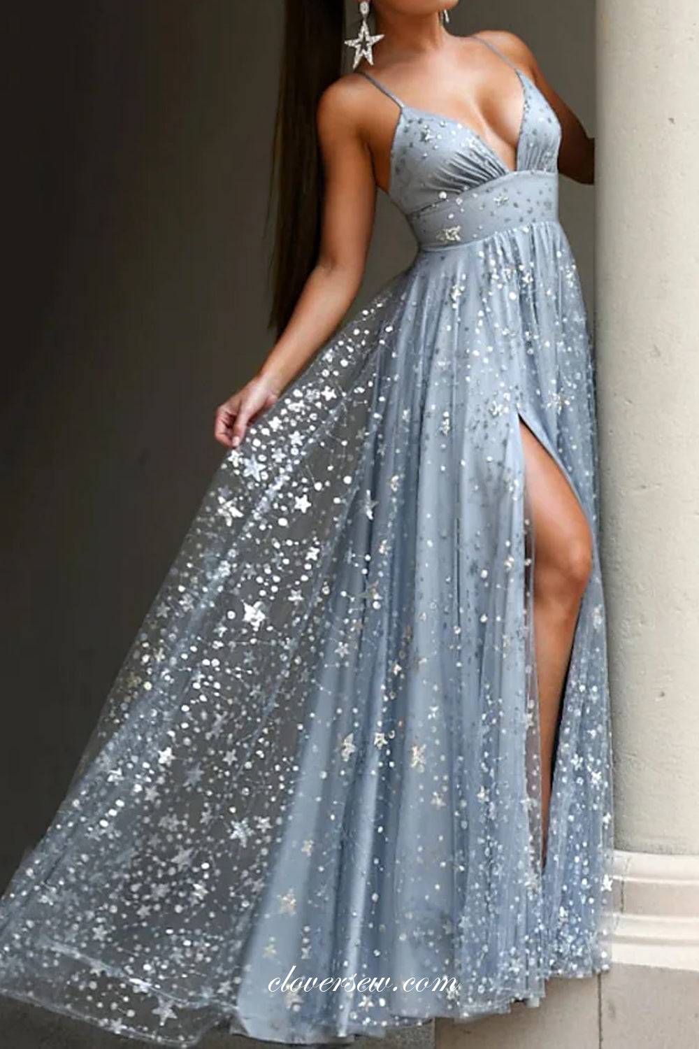 Light Blue Star Sequined Tulle A-line With High Slit Prom Dresses, CP0 ...