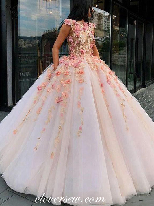 3D Floral Lace Blush Pink Off The Shoulder Ball Gown Prom Dresses