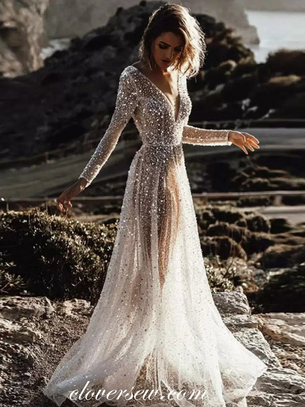 Shiny Sequined Tulle Long Sleeves See Through Beach Wedding Dresses, C ...