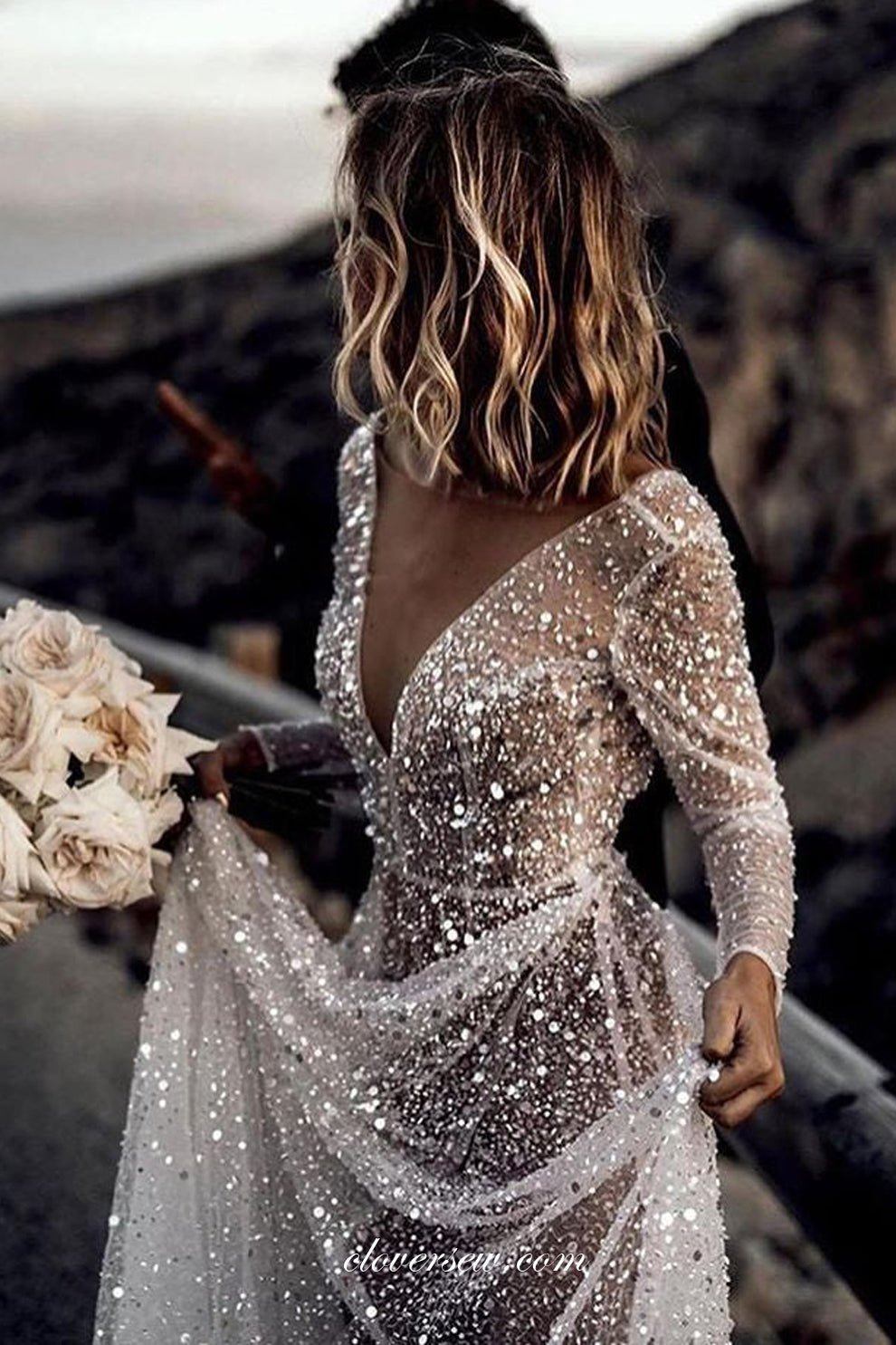 Shiny Sequined Tulle Long Sleeves See Through Beach Wedding Dresses, C ...