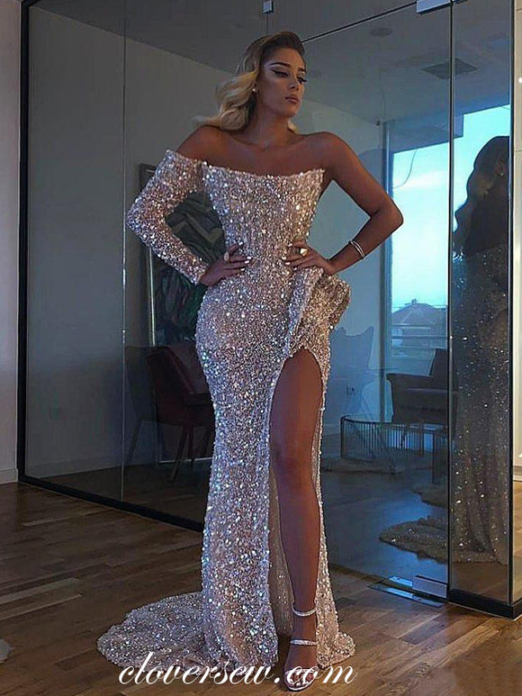 Stunning Shiny Sequin One Sleeve Sexy High Slit Formal Dresses, CP0668 ...