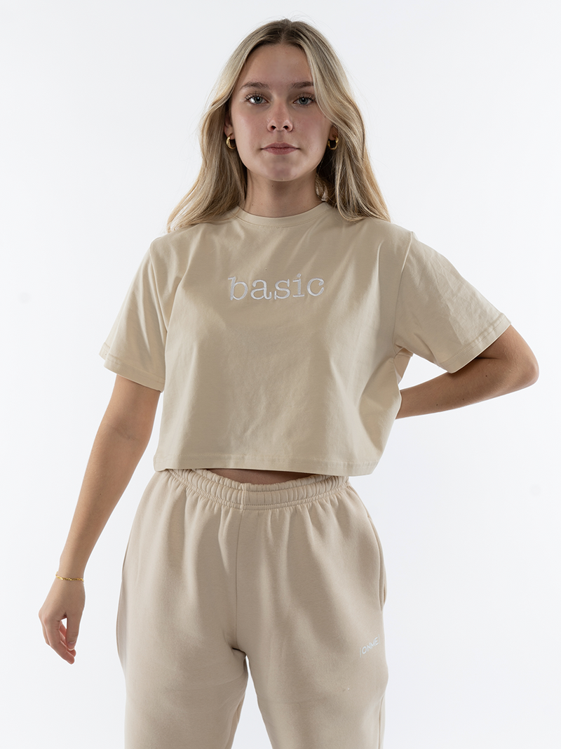 beige and brown graphic tee