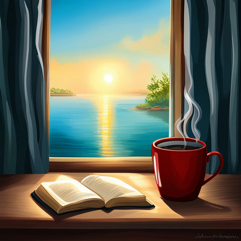 digital painting of a cozy morning scene featuring a single steaming cup of coffee resting on a wooden table. Next to it lies an open bible, illuminated by the soft light from the window behind it. Through the sheer curtains, a breathtaking view of the ocean stretches out