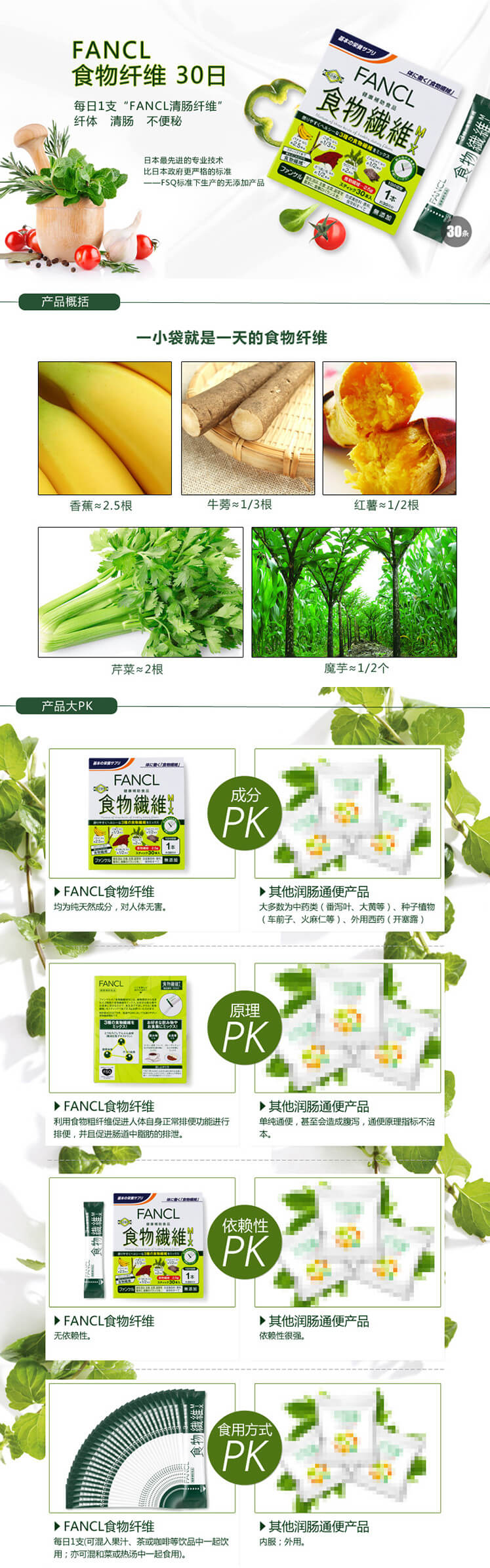 【日本直邮】FANCL芳珂 食物膳食纤维 蔬菜纤维粉末通便6.8gx30包30日份