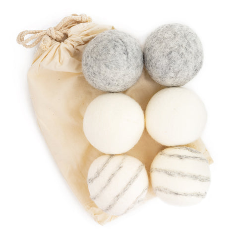 Set of six all-natural marbled wool dryer balls from Coco Stripes