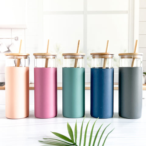 Reusable Glass tumbler with bamboo lid and silicone sleeve
