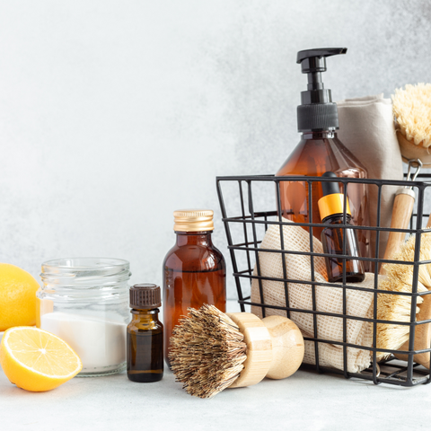 Natural cleaning products in a basket