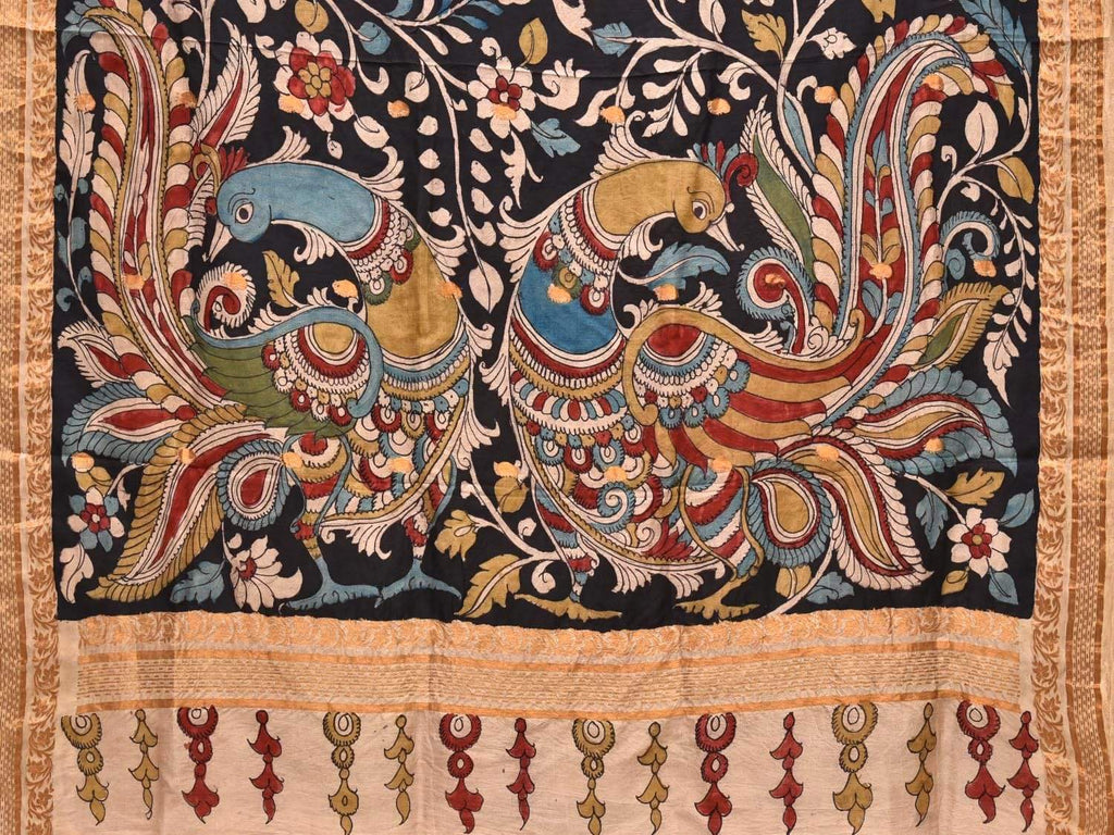 Black Kalamkari Hand Painted Kanchipuram Silk Handloom Saree with Flow ...