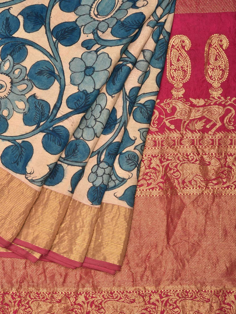 Cream Kalamkari Hand Painted Kanchipuram Silk Handloom Saree with Flow