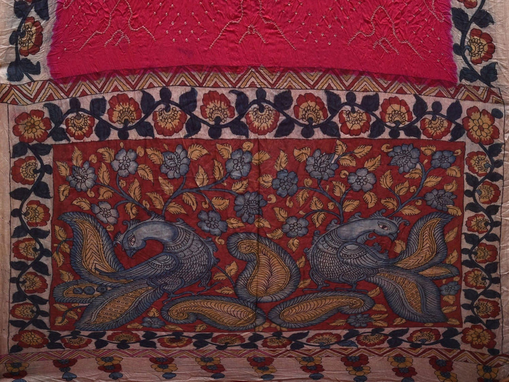 Pink Bandhani Kalamkari Hand Painted Tussar Handloom Saree with Pallu and Border Design bn0324