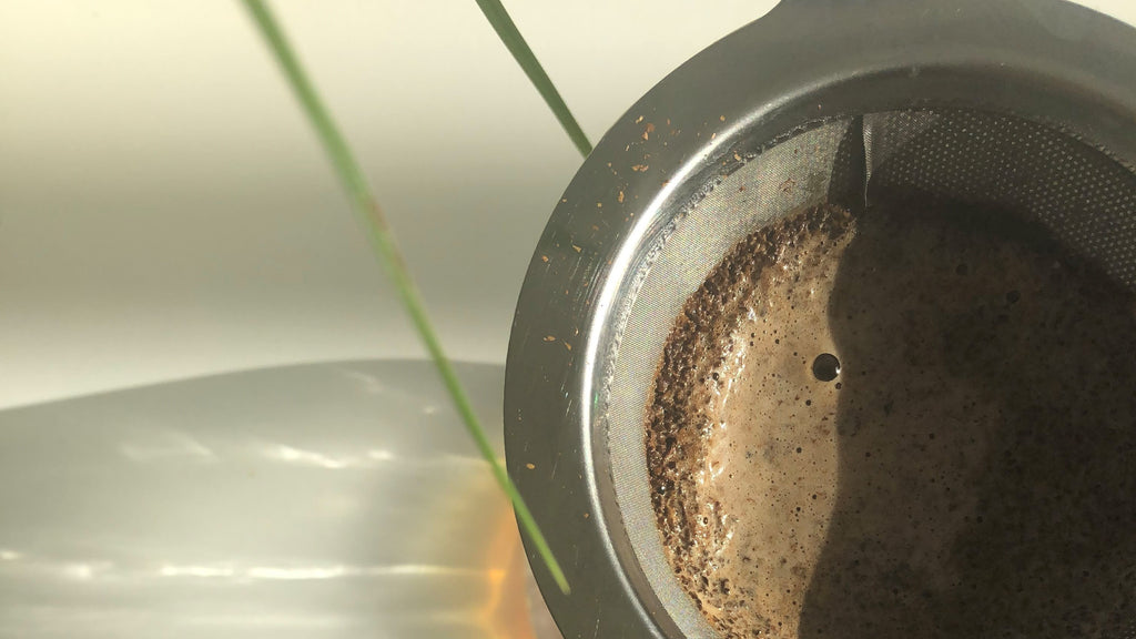 Kaffeesatz in einem Metallsieb, der gerade frisch aufgebrüht wird. Es ragen Pflanzen in das Bild 