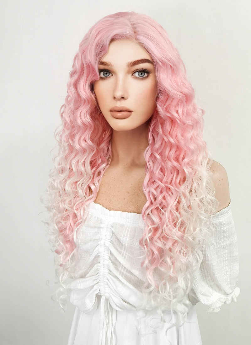 Long Spiral Pink with Light Tips Lace Front Synthetic Hair Wig LF165