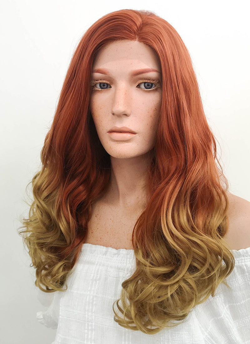 Long Wavy Auburn Blonde Ombre Lace Front Synthetic Hair Wig Lf1707