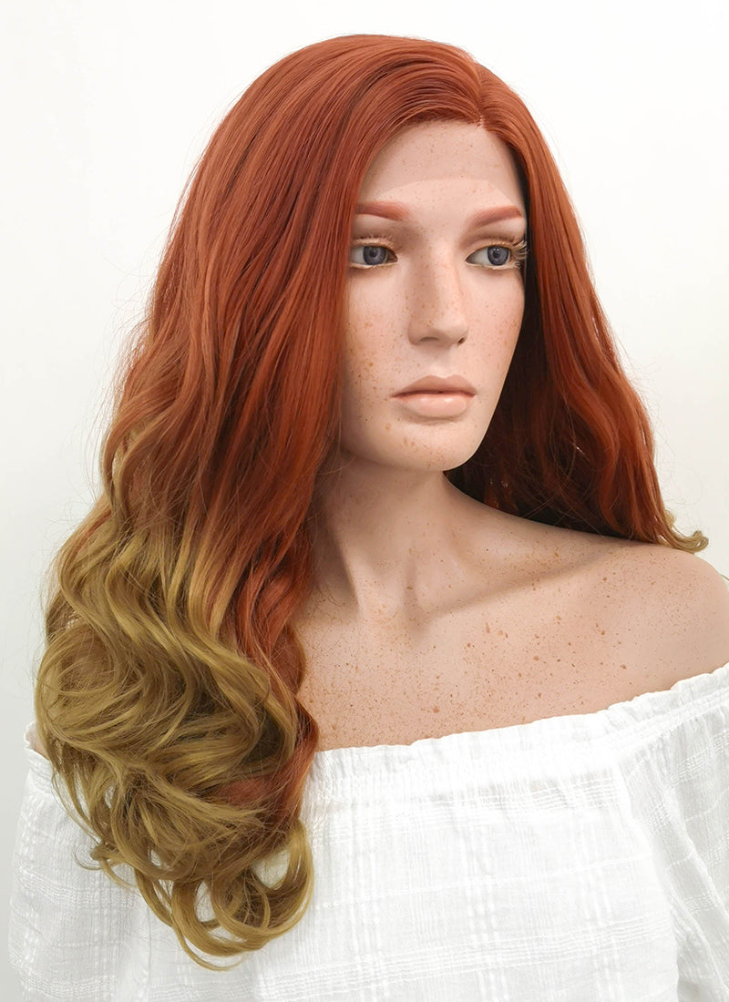 Long Wavy Auburn Blonde Ombre Lace Front Synthetic Hair Wig Lf1707