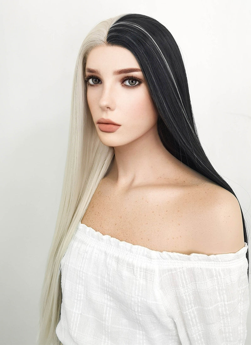 Long Straight Light Blonde Mixed Black Lace Front Synthetic Hair Wig L