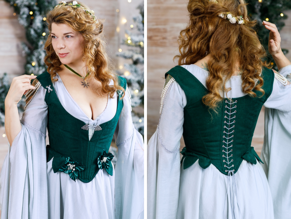 Renaissance Corset Dress in Green Linen Renaissance Dress Linen Corset  Linen Dress Hobbit Dress Renaissance Costume Outlander Fairy Elf 