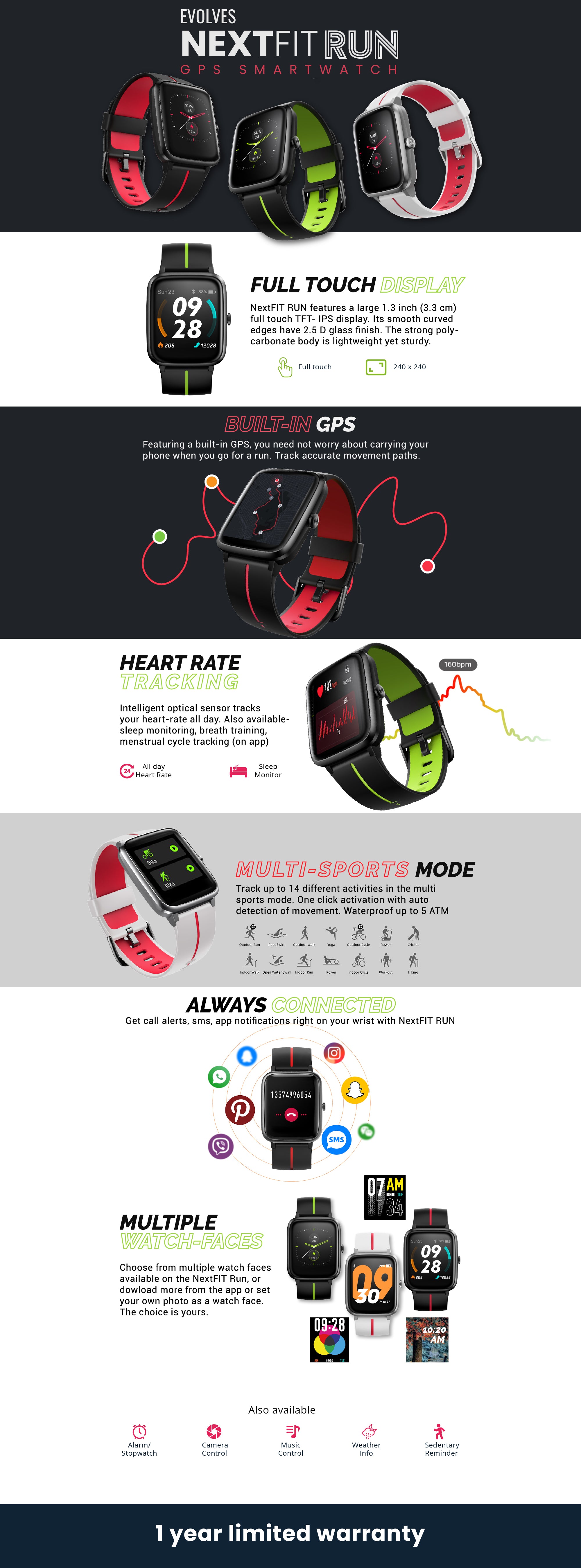 Evolves NextFIT Run Full touch smart watch with built in GPS, IPS display, All Day heart rate, Multi sports mode, female health tracking and long battery life