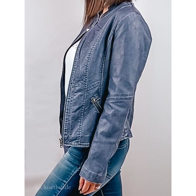 Fitted Faux Leather Jacket Small / Blue-Grey