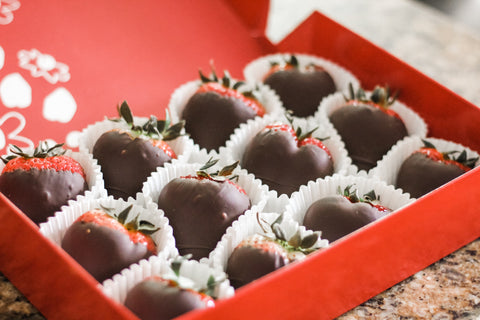 chocolate covered strawberries in a valentine's day gift box