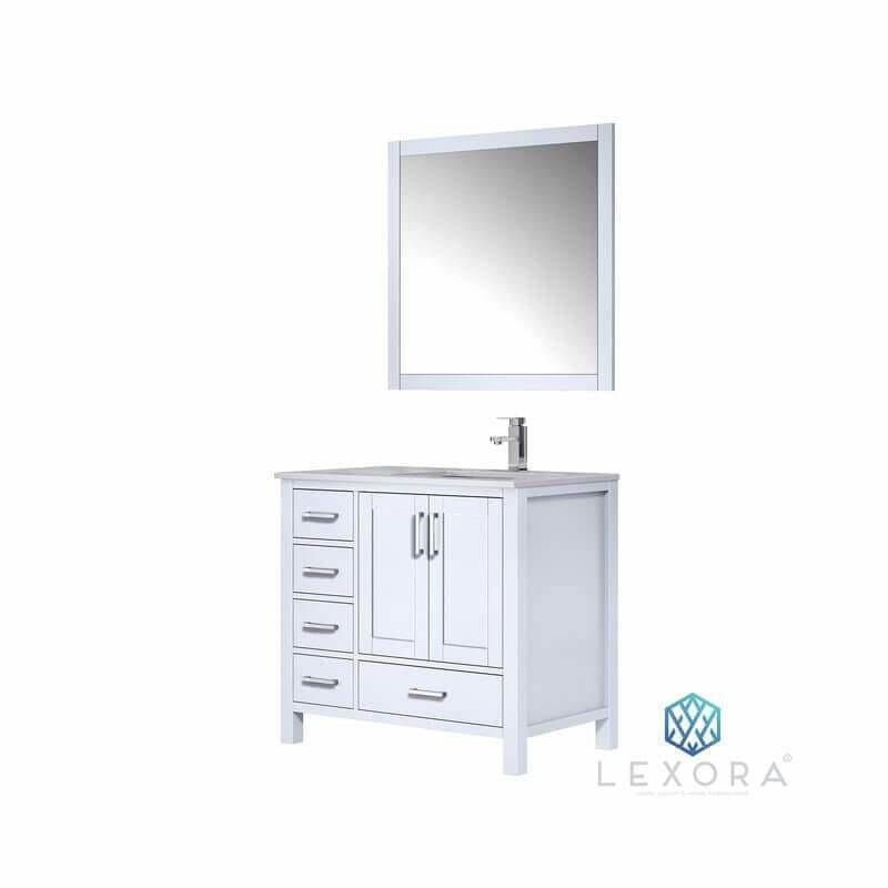Lexora Jacques 36&quot; White Single Vanity, White Carrara Marble Top, White Square Sink and 34&quot; Mirror - Right Version