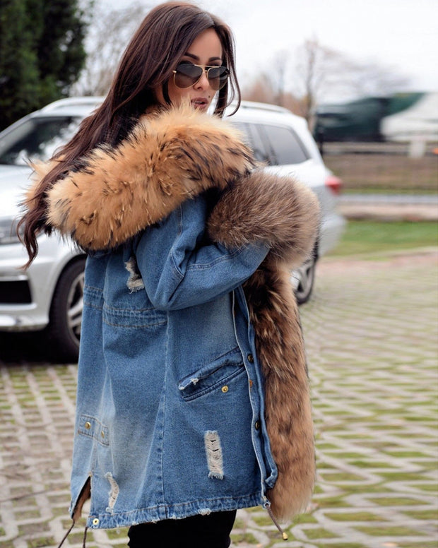 long denim jacket with fur