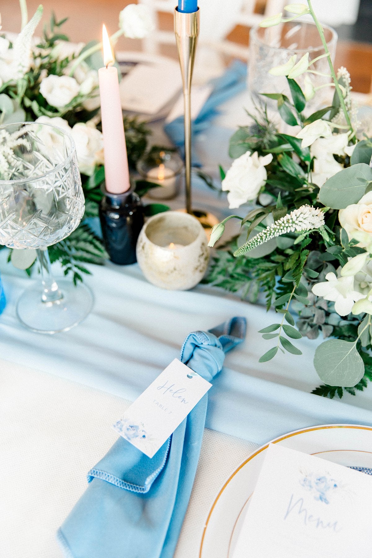 Dusky Blue Wedding Table Stationery and place cards at Thicket Priory