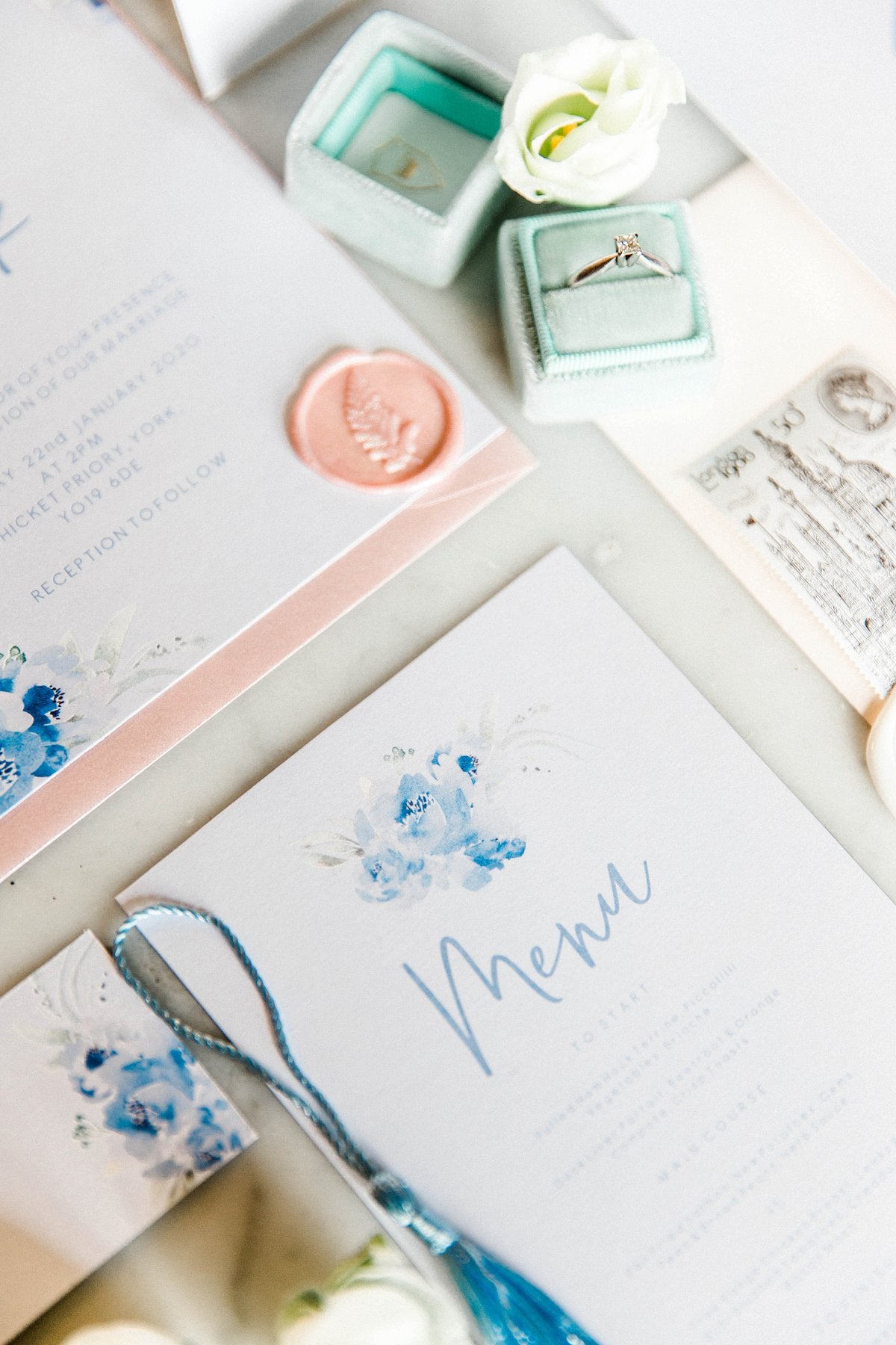 Dusky Blue Wedding Stationery Suite at Thicket Priory