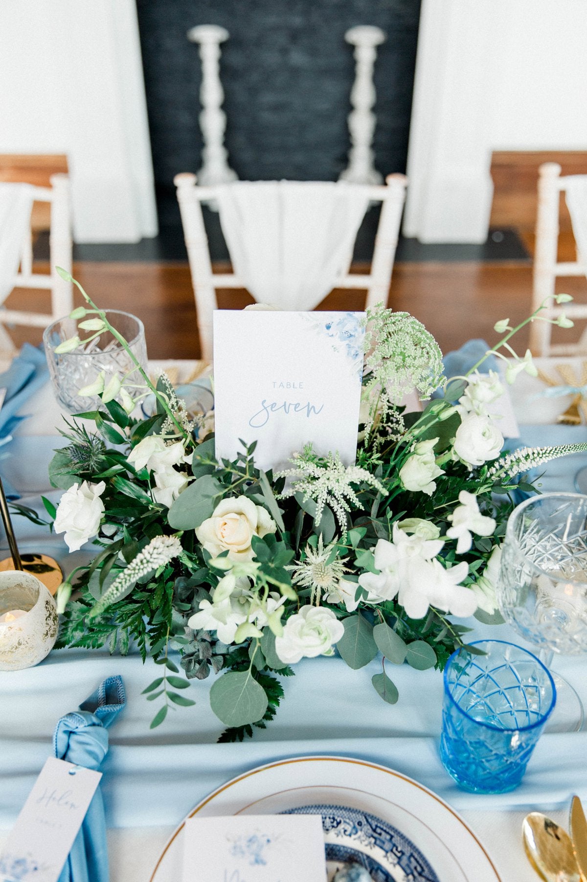 Dusky Blue Wedding Table Scape at Thicket Priory