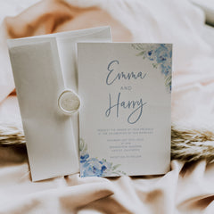 Dusky Blue Floral Wedding Invitation designed by Make Me Digital