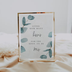 Elegant blue eucalyptus bridal shower guess how many kisses for the soon to be mrs game sign
