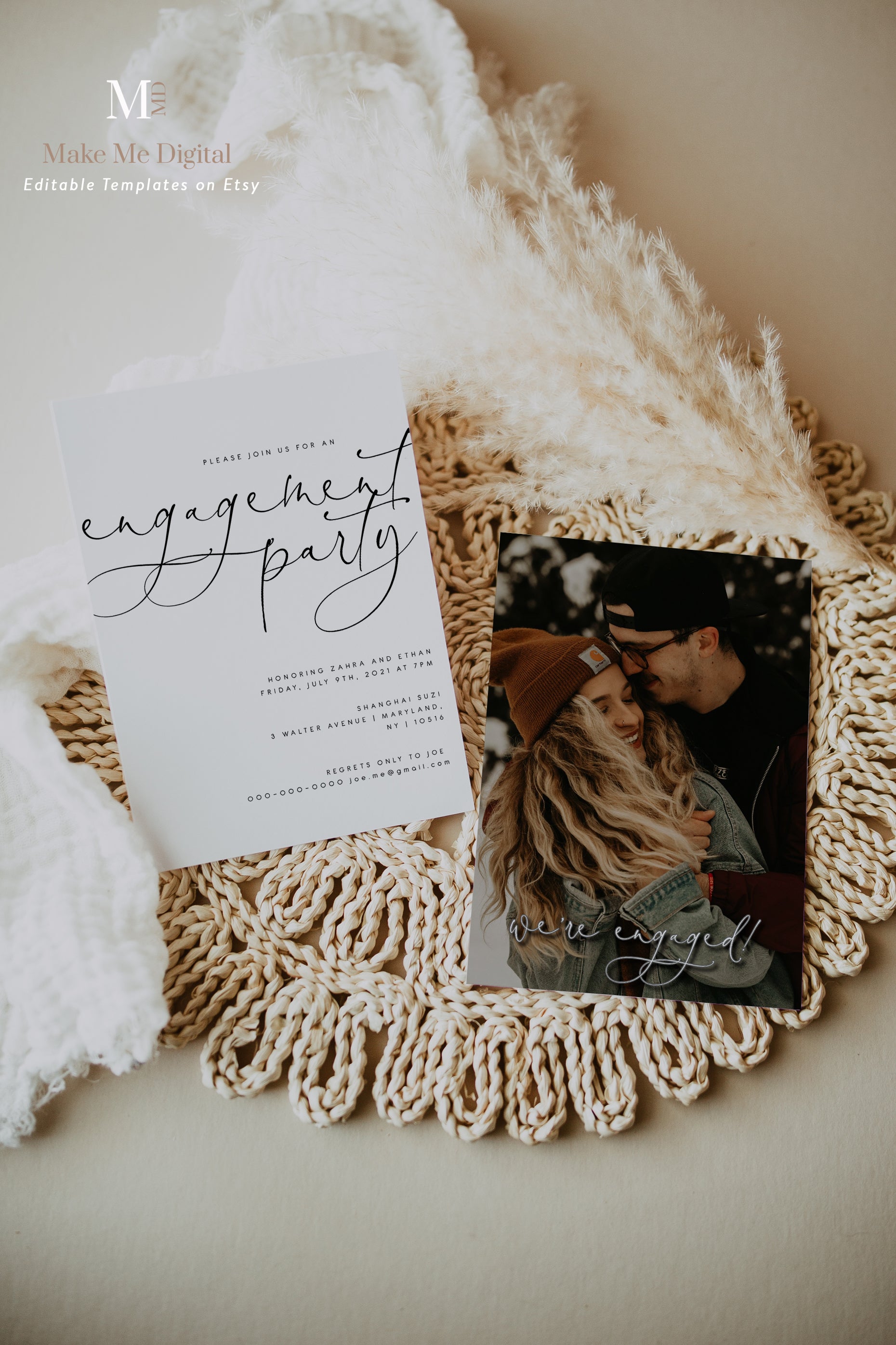 modern minimalist calligraphy wedding engagement party invitation with photo