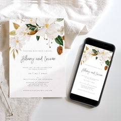 White Magnolia Wedding invitation and evite set