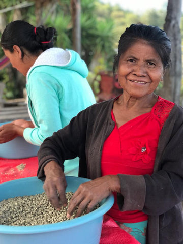female coffee farmer sorting coffee beans at table