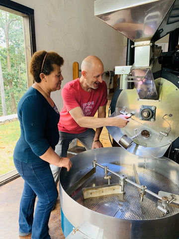 Jason and Lillian adjusting the roast at the San Lazaro Coffee farm in Honduras